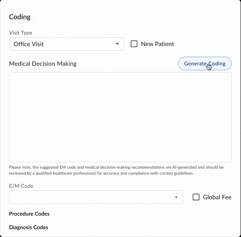 Final Design. Removed time option, added a free text field for generating the medical decision making